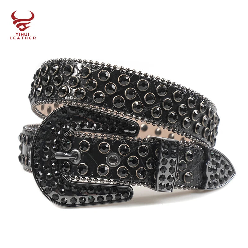 Custom  Logo Studded Synthetic PU Leather Western Belts Diamond Buckle Rhinestone Belt Boys Kids Black BB Belts