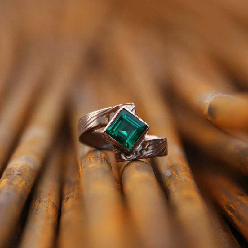MOKUME GANE Fine Jewelry Classic Luxury Solid 999 Sterling Silver Emerald Aquamarine Pink Sapphires Ring for Unisex Gift
