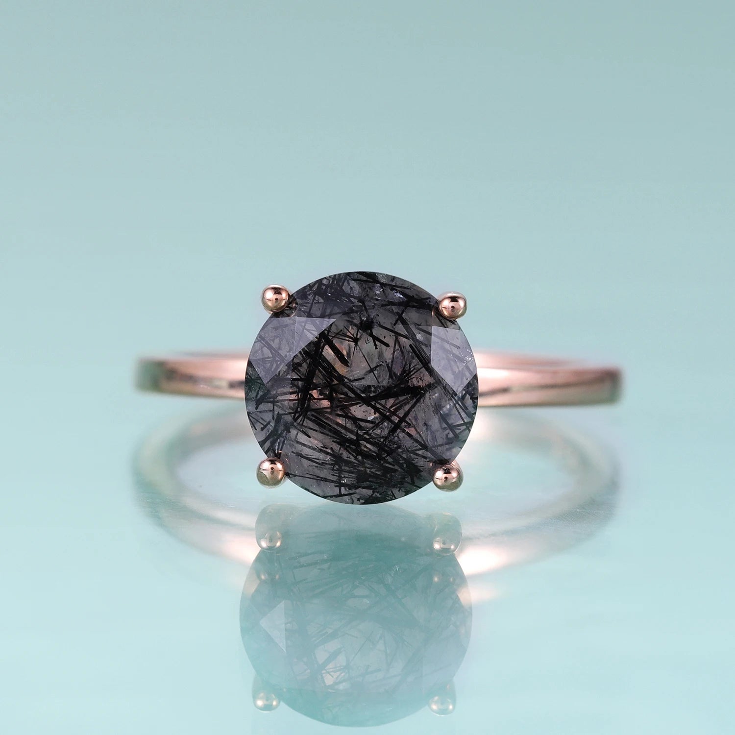 KH073 Fine Jewelry Factory Wholesale Solitaire 9mm Black Rutilated Quartz Gemstone 925 Sterling Silver Engagement Ring