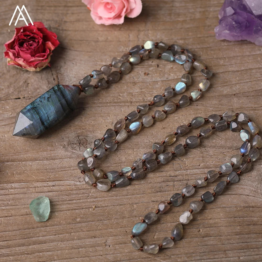 Flash Labradorite Mala Necklace  Chip Beads  Knotted Necklaces for Men Birthday Gifts