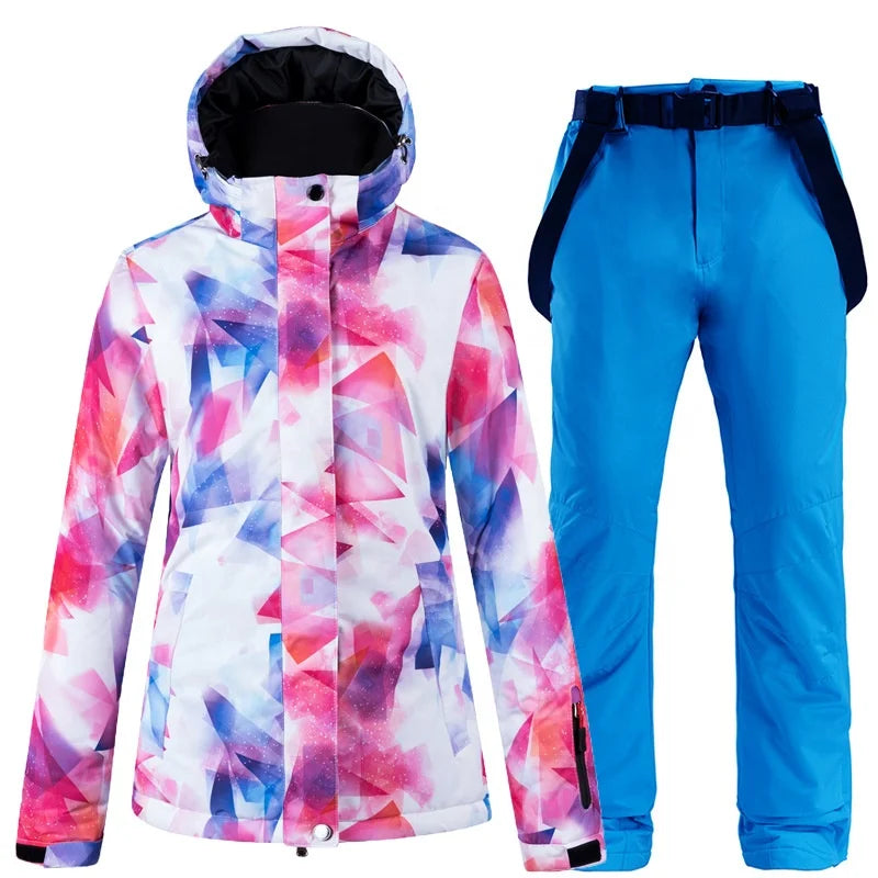 Outdoor Ski Suit Women's Suit Colorful Printed Jacket Trousers Two-piece Windproof and Warm Anorak Suit