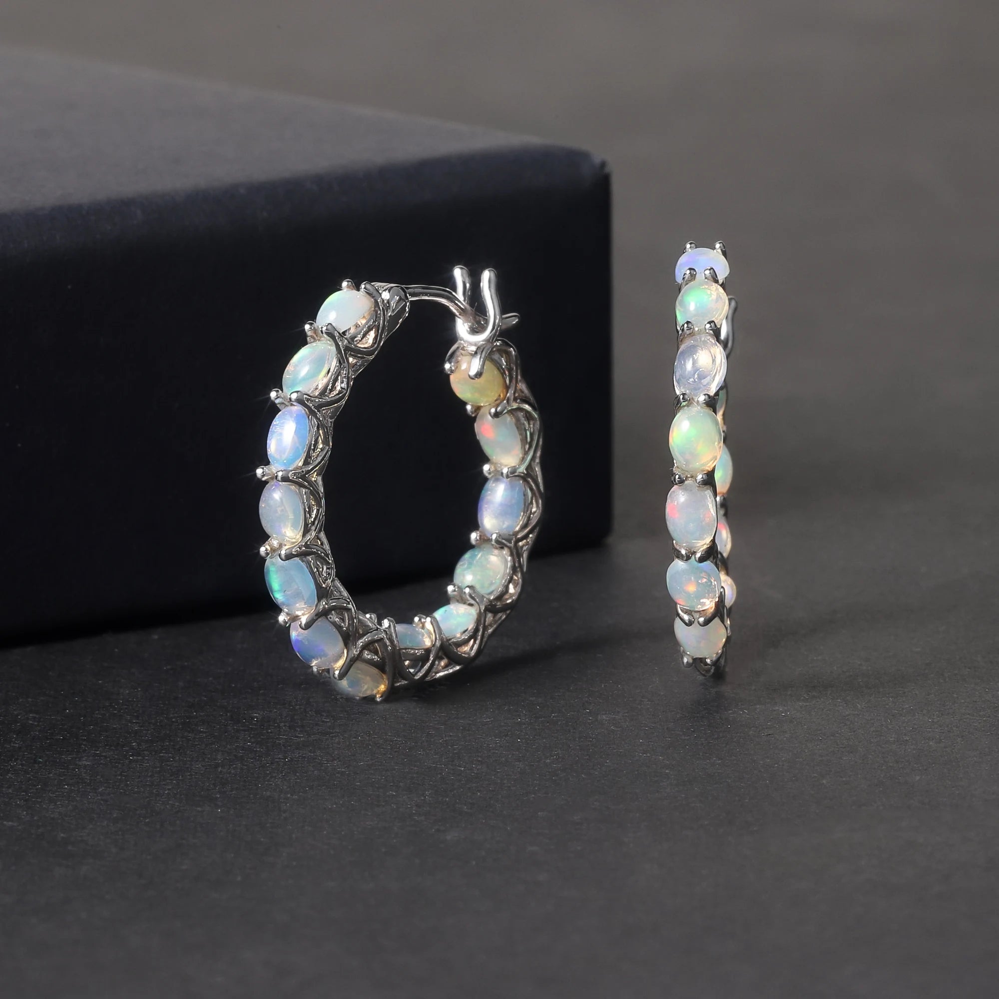 RZ0010 Abiding Fine Jewelry Custom Inside Outside Hoops 925 Sterling Silver Ethiopia Opal Gemstone Hoop Earring