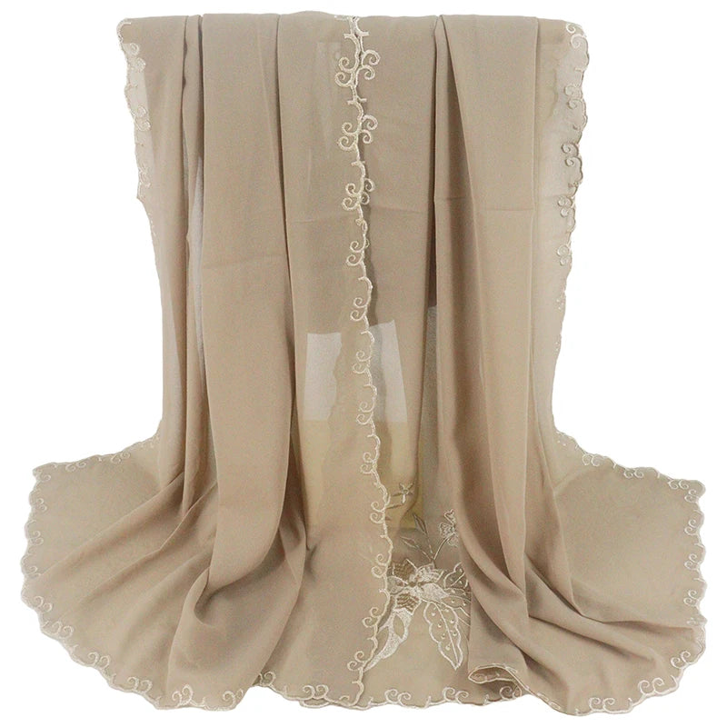 Luxury Brand Fashion Shawl Embroidery Chiffon Plain Classic Chiffon Women Hijab Malaysia Fashion Muslim Hijab