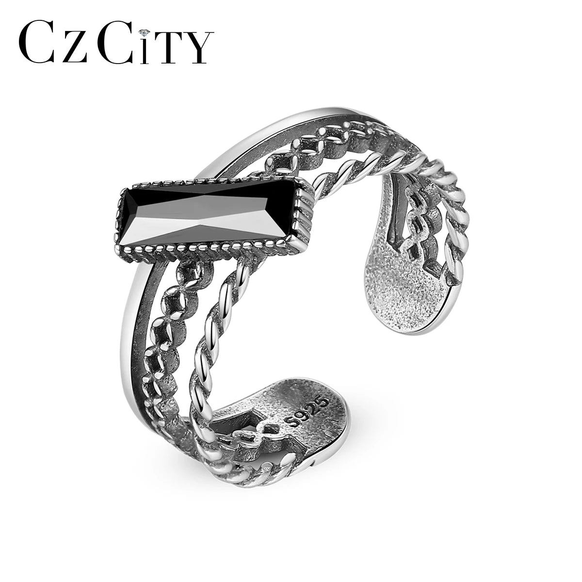 CZCITY Black Stone Band Zircon Jewellery Hip Hop Jewelry Fantasy Indian Vintage Punk Ring