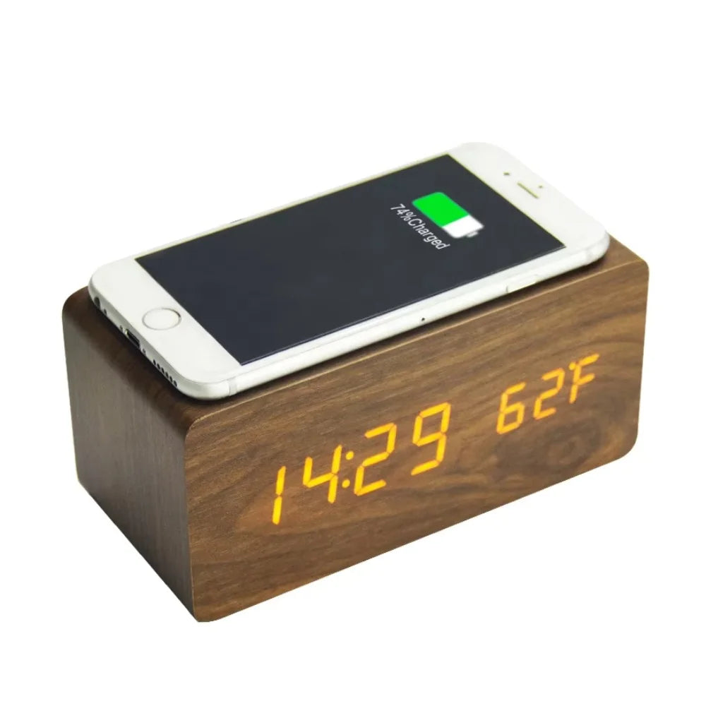 EMAF Kid Table Led Display Desk Top Bamboo Digital Light Wireless Charger Recharger Wooden Smart Alarm Clock with Temperature