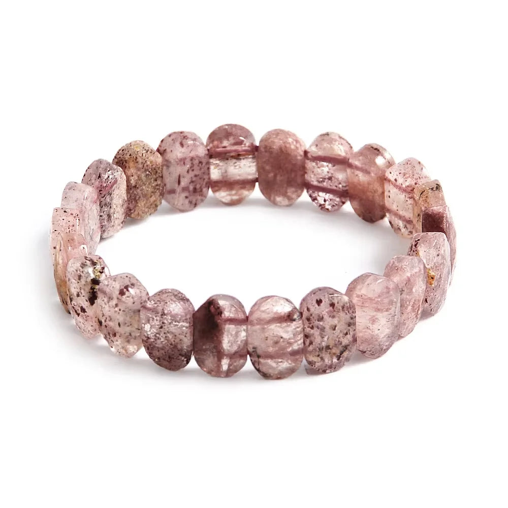 Women  Bohemian Retro Jewelry Natural Bamboo Black Tourmaline Oval Strawberry Quartz Handcrafted Elastic Bracelet.
