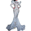 Elegant White Lace Print Rhinestones Mermaid Wedding Party Dress Women Singer Stage Costumes Plus Size Formal Evening Prom Dress