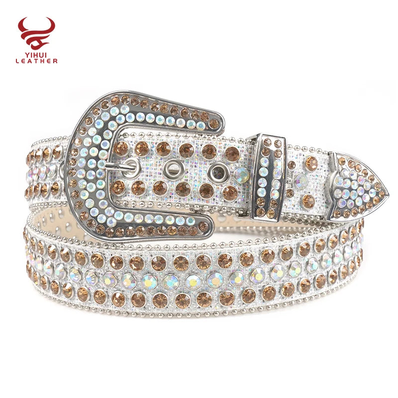 Factory Wholesale New Original Style Western Shinning Studded Rhinestone Belt  Cowboy Bling Bling White BB Simon Belt
