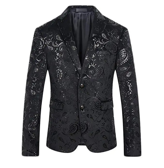 Customized Shiny Men's Shiny Black Dress Floral Suit Notch Lapel Slim Stylish Coat Man Designer Suits Brands for Men