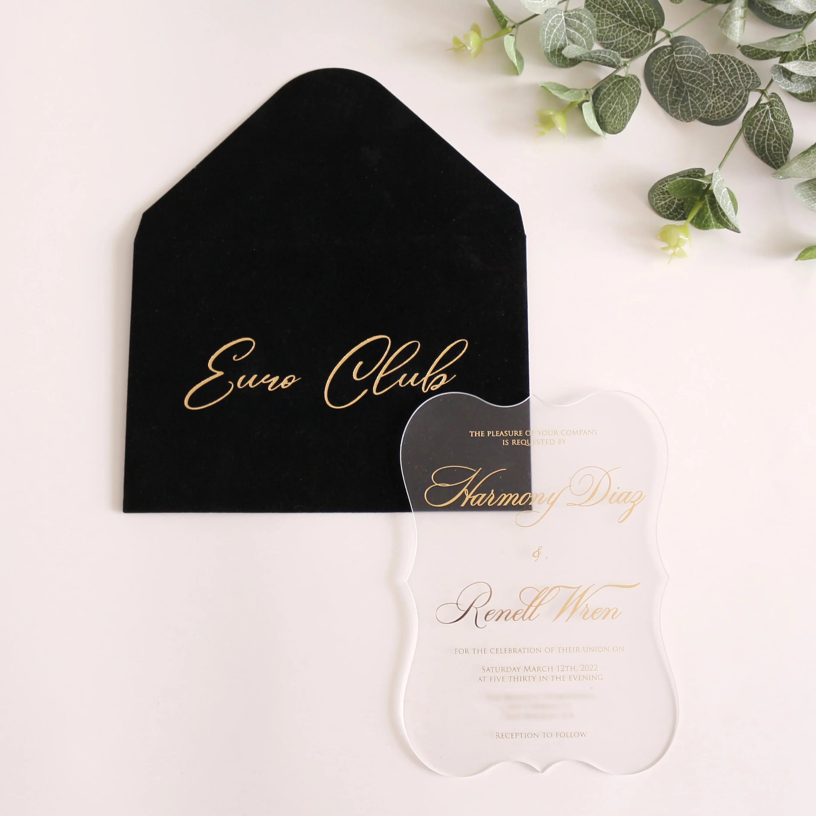 Popular Transparent Acrylic Invitation Card With Gold Foil Velvet Black Envelope Custom Text for Wedding Invitation