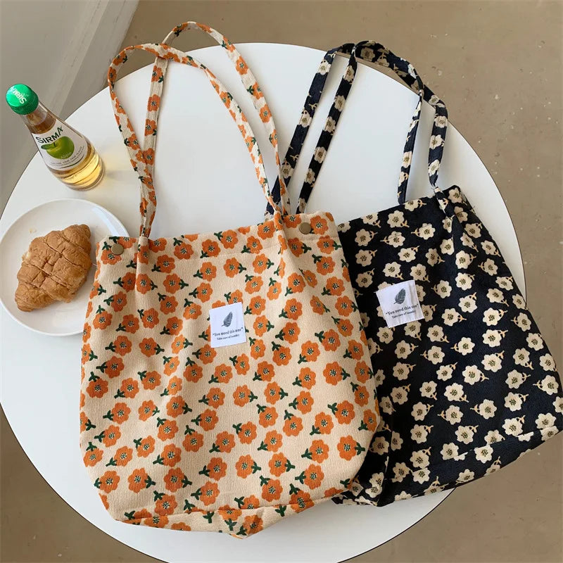 YIMYIK Korean Corduroy Four Button Women's Tote Bag Large Capacity Literature and Art Single Shoulder Bag Student Shopping Bag