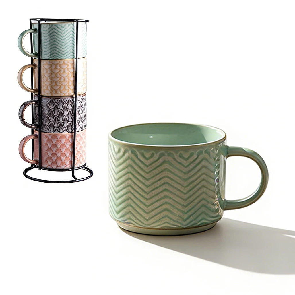 Popular Handmade Nordic Spring Summer Reactive Glaze Silk Screen Print Stackable Ceramic Coffee Mug Ceramic Milk Mug with Meta