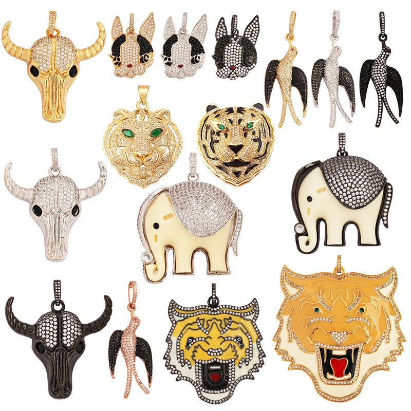 Swallow Tiger Leopard 3D Buffalo Cow Bull Head Elephant Animal Charm Pendant18K Gold Plated Zircon Necklace Jewelry Supply