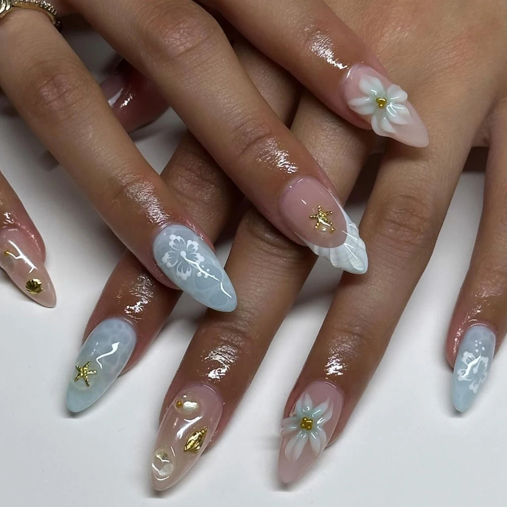 Dropshipping 24 Pcs 3720 Elegant Floral Nail Tips 3D Flowers Gold Accents Medium Almond Press on Nails Artificial Fingernails