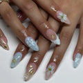 Dropshipping 24 Pcs 3720 Elegant Floral Nail Tips 3D Flowers Gold Accents Medium Almond Press on Nails Artificial Fingernails