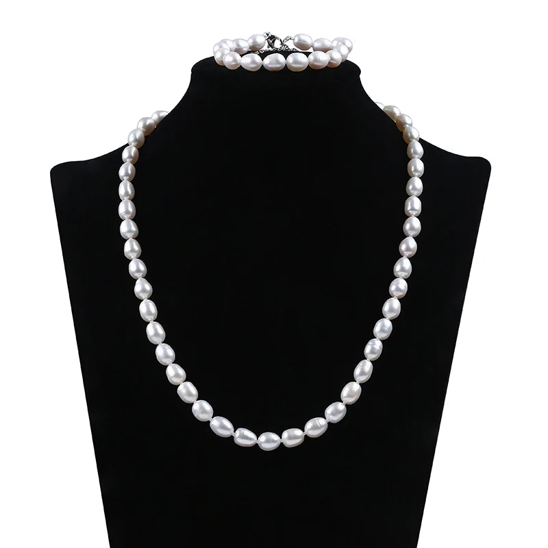 Zhuji Luxury Trendy Wedding & Engagement Gift for Women 8-9mm Rice Pearl Bracelet Necklace Set