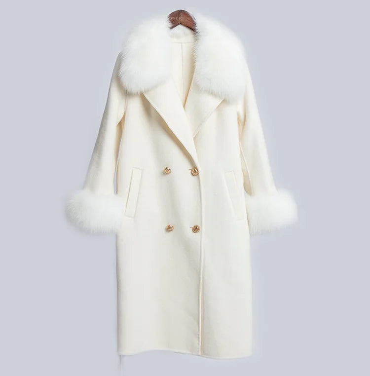 QIUCHEN QC19054 Luxury Casual Breathable Woolen Cashmere Overcoat Real Wool Fox Fur Collar Women Long Coat Winter