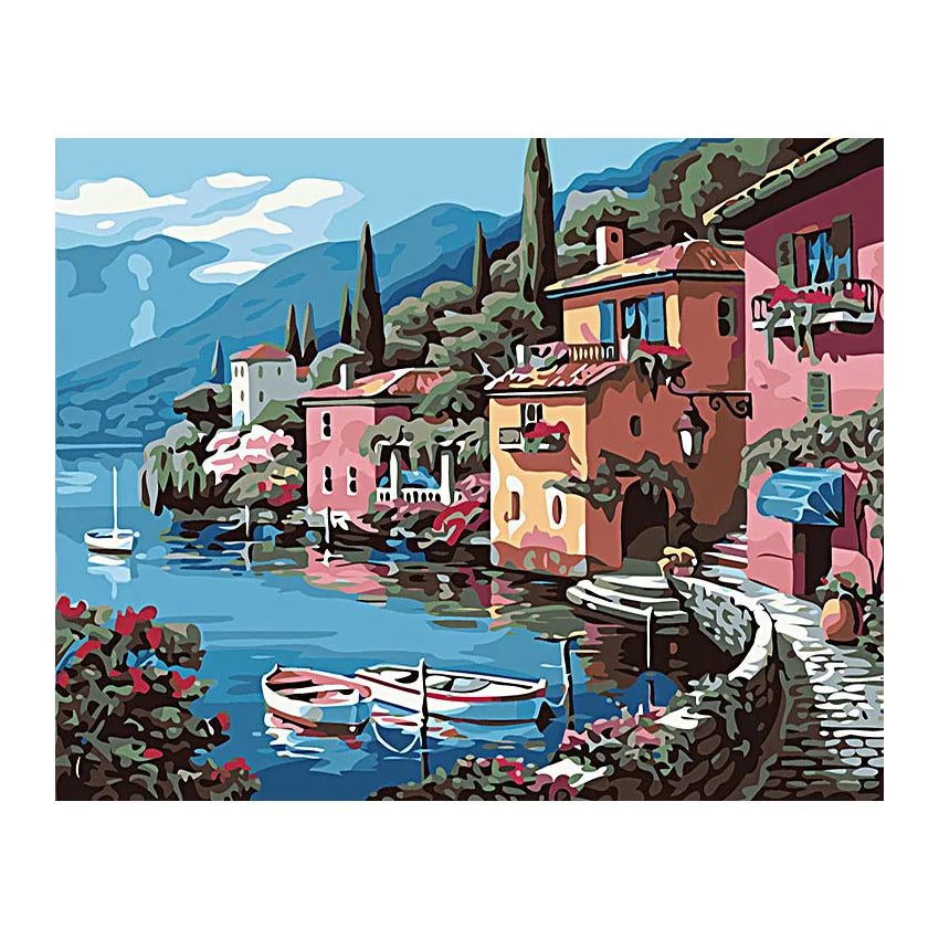 Paints by Numbers Villa by the Lake Landscape Pictures Oil Drawing by Numbers Full Set Coloring by Numbers Home Decor