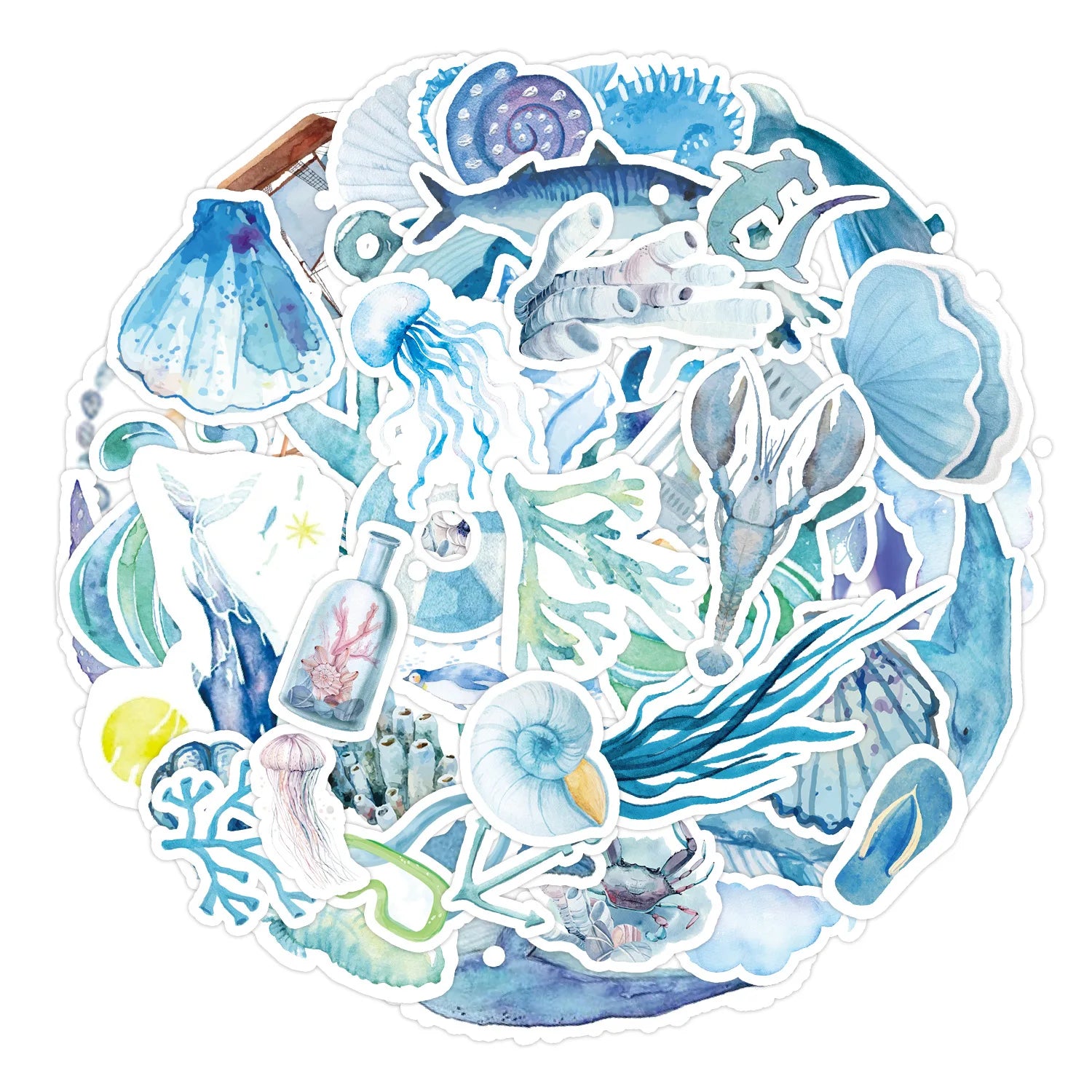 50pcs Watercolor Ocean Series PVC Self Adhesive Stickers for Draw bar Box Guitar Water Bottle Cupboard Suitcase and Books