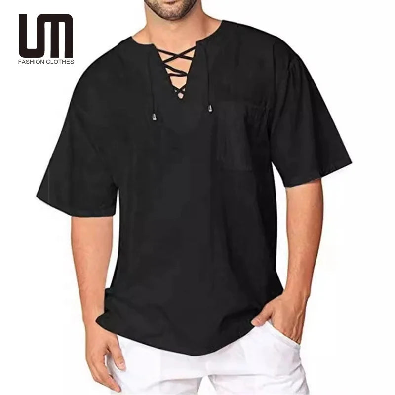 2025 Summer Liu Ming Trending Men's Casual Cotton Linen T Shirts Short Sleeve Fashion Tops Lace-up Design Solid Yarn Dyed