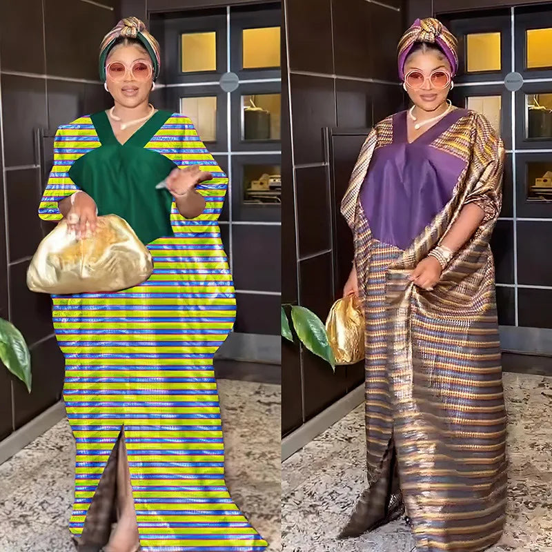 Modest Summer Free Size African Women Printed Striped Plaid Dress Set With Scarf Traditional Muslim Clothes Robe Femme K0290