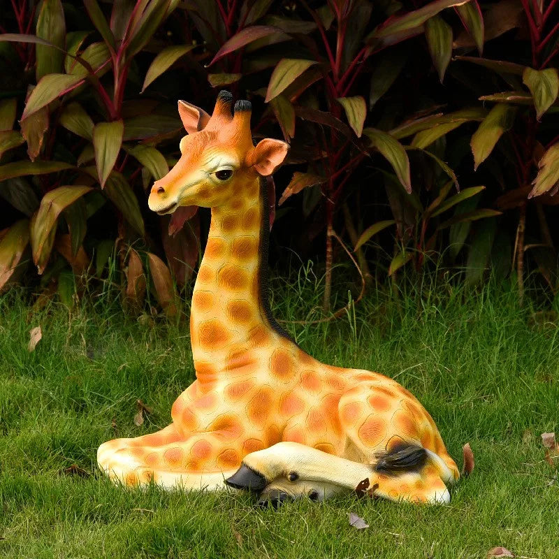 LIFA Life-Size Resin & Fiberglass Hand-painted Animal Giraffe Statue 54x32x59CM for Outdoor Garden Art Collectible Decor
