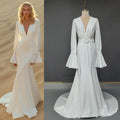 #10286 Sweep Train Bell Sleeve Romantic Mermaid Wedding Dress Deep V-Neck Soft Satin Bridal Photoshoot Gown Bridal Dress