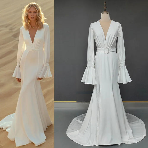 #10286 Sweep Train Bell Sleeve Romantic Mermaid Wedding Dress Deep V-Neck Soft Satin Bridal Photoshoot Gown Bridal Dress