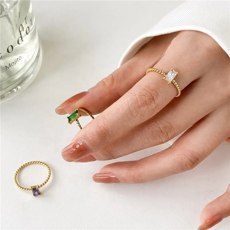 MICCI Wholesale Fashion Women's 18K Gold Plated Stainless Steel Jewelry Twist Thin CZ Ring Green Square Cubic Zircon Ring Women