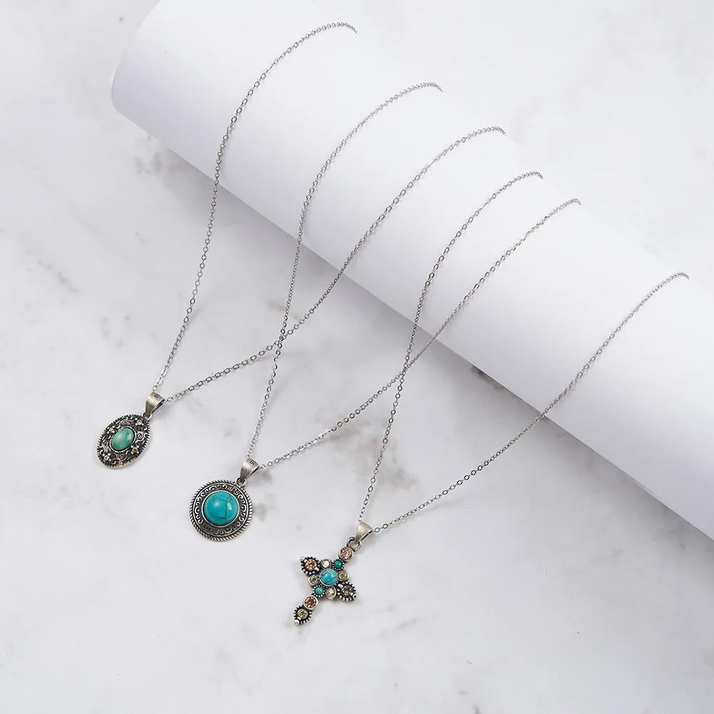 New Fashion Trendy Gold Plated Sterling Silver Necklace Natural Stone Turquoise Round Oval Cross Pendant Set Necklace for Women