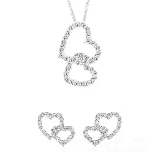 Micron Pave Setting White Diamond CZ 925 Sterling Silver Two Heart Earring and Necklace Sets