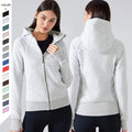 Stock Solid Fashion Print Womens Warm Plus Size Ribbed Front Zipper Hoodies Thumb Holes Outdoor Workout Yoga Jacket With Hood