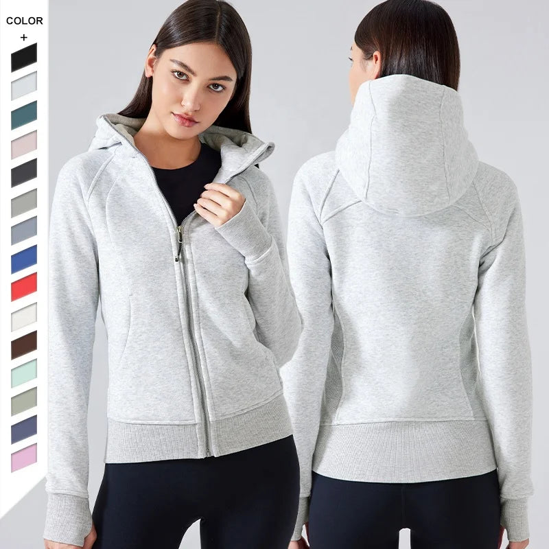 Stock Solid Fashion Print Womens Warm Plus Size Ribbed Front Zipper Hoodies Thumb Holes Outdoor Workout Yoga Jacket With Hood