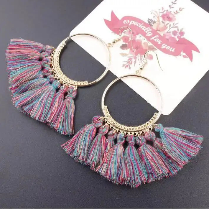 Bohemia Copper Tube Silk Thread Tassels Hoop Earrings Dangle Tassel Earrings Handmade Trendy Oval Spike Jewelry for Women