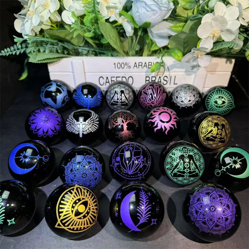 Kindfull Wholesale High Quality Crystal Sphere Healing Crystal Black Obsidina Ball With Pattern for Meditation