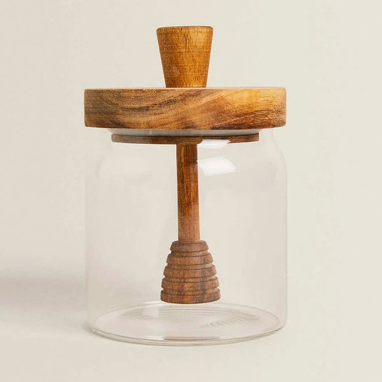 Unique Eco-friendly 500ml Large Transparent Round Home Empty Wood Lid Glass Honey Dispenser Pot Jar with Wooden Dipper