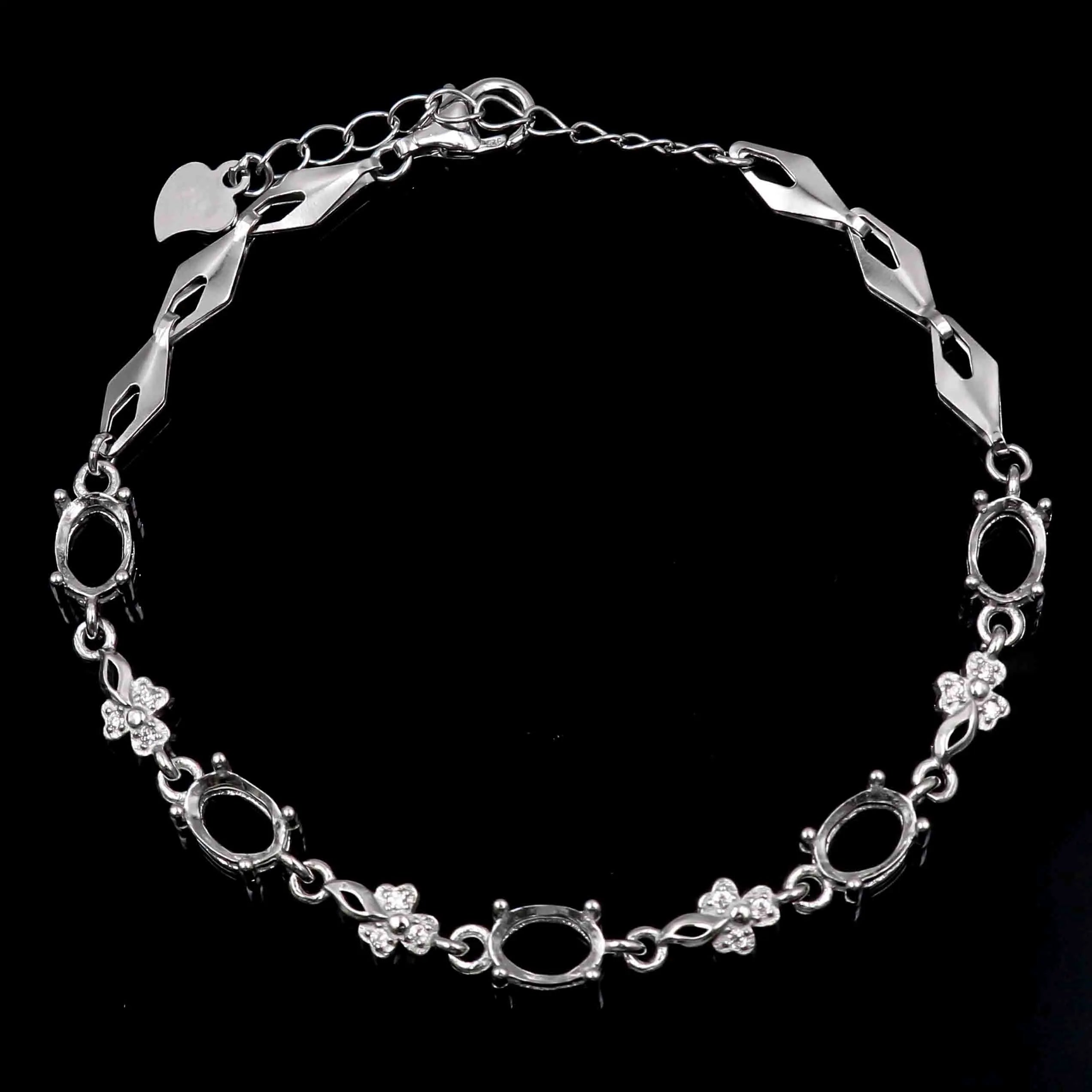 Sterling Silver 5*7mm Semi Mount Bracelet Empty Support Blank Claw Setting S925 Mountain Base Holder Without Stone for Inlay DIY