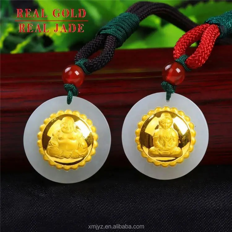 Certified Hetian Jade Inlaid With 4D Inlaid Jade Pure Gold Inlaid With Round Guanyin Buddha Safe Buckle Pendant Factory