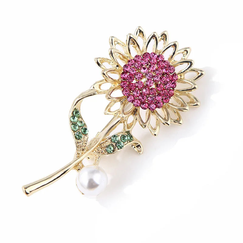 Cheap Price Flower Brooch Clothes Dress Accessories Lapel Pin Pearl Crystal Rhinestone Sunflower Brooch Pin for Women
