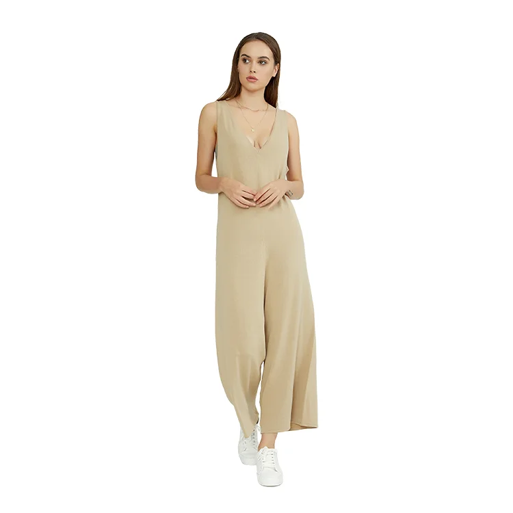 New Summer Women Fashion Design Sleeveless Solid Color V Neck Women Loose Jumpsuit