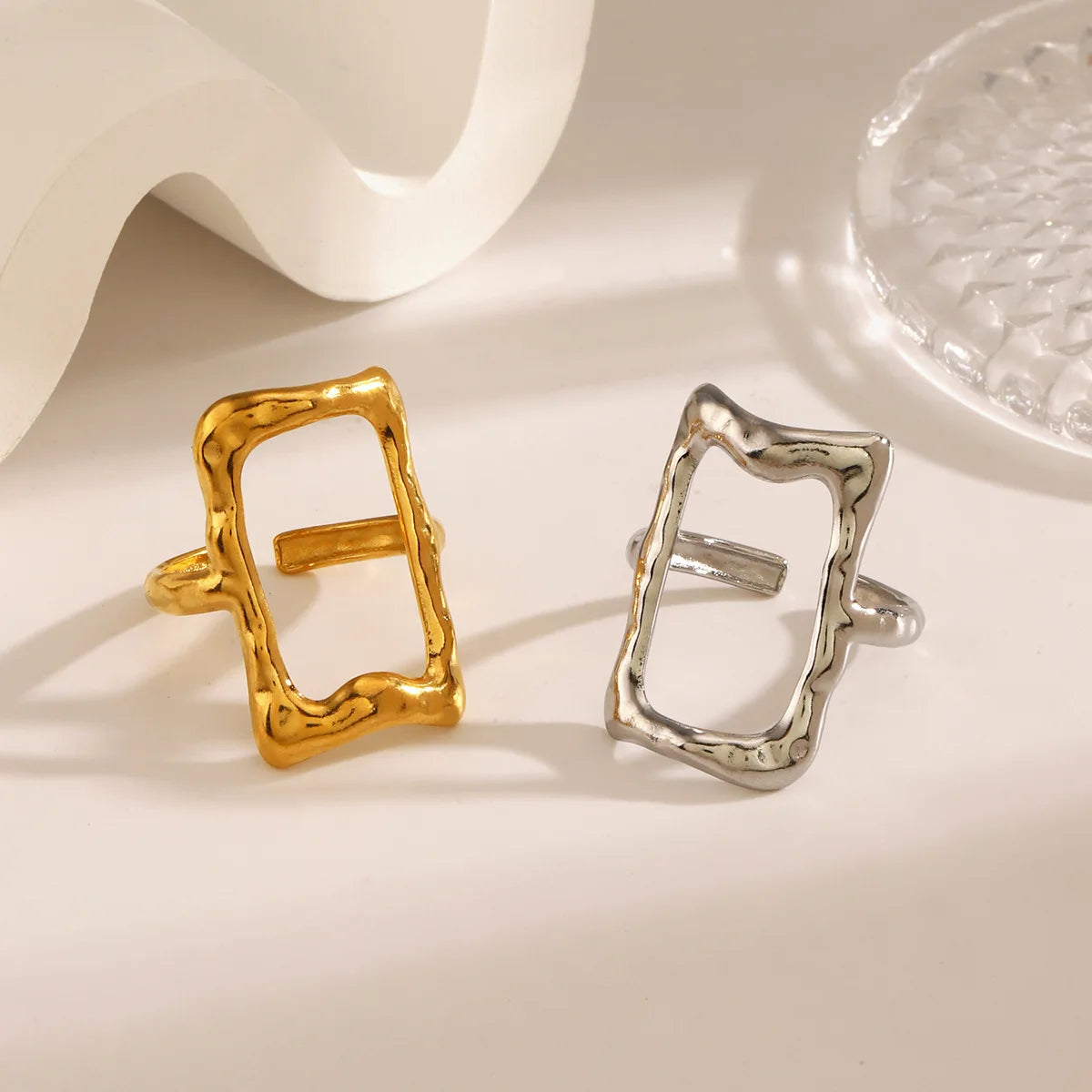 Hot-selling Hallow Rectangle Adjustable Rings Stainless Steel 18K Gold Plated PVD Fashion Jewelry Waterproof for Women Party