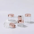 Transparent Wide Mouth 5 g 10g 15g 30 g 50g 60 g 100 Gram Rose Gold Lid Skincare Scrub Face Cream clear Glass Jar Inner Gasket