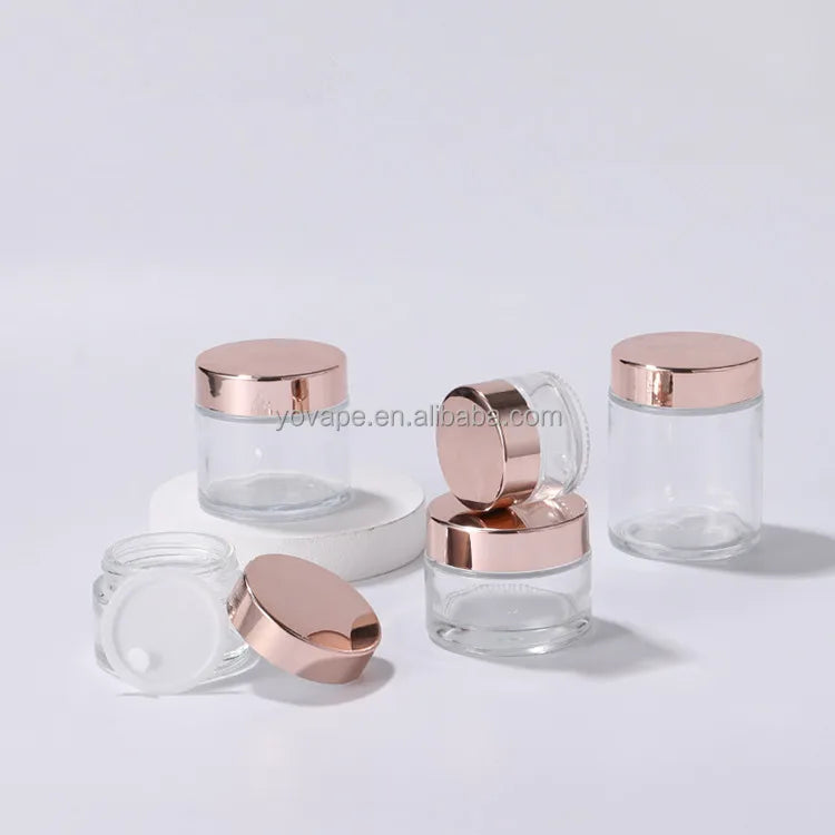 Transparent Wide Mouth 5 g 10g 15g 30 g 50g 60 g 100 Gram Rose Gold Lid Skincare Scrub Face Cream clear Glass Jar Inner Gasket