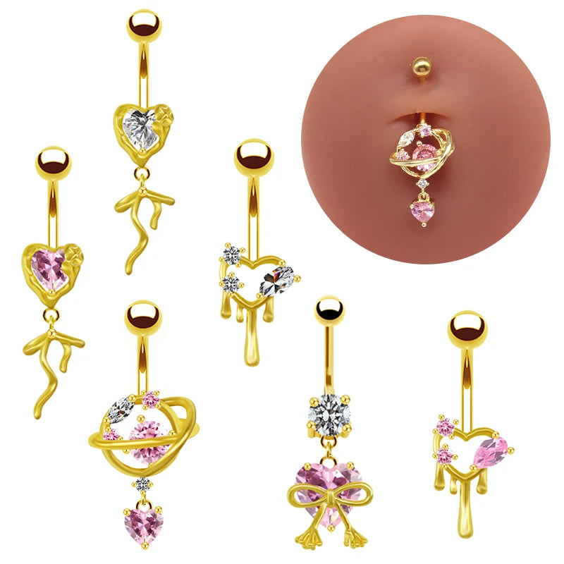 Gaby New pink Belly Rings Jewelry Surgical Steel Heart Stainless Steel Piercing Shiny Belly Button Piercing Body Jewelry