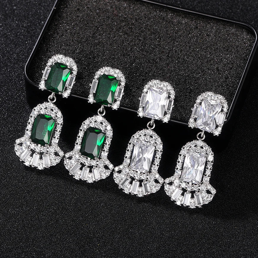 CAOSHI Luxury Women's Dangle Earrings Big Green/White Cubic Zirconia Crystal 925 Silver Color Bridal Earrings Wedding