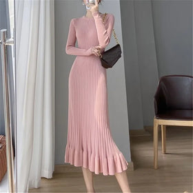 Women's Underlay Mid Length Hip Wrap Dress Ruffle Edge Slim Fit French Fishtail Knitted Sweater