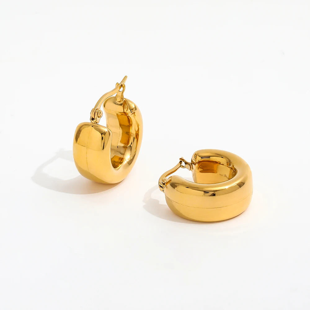 JOOLIM  High End 18K Gold Plated Shiny Hollow C Chunky Hoop Earrings Jewelry Stainless Steel for Women