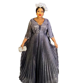 Best African Clothing Women Fold With Gold Dust Formal Dress for Women V-neck Rhinestones Luxury Dresses for Women 2023