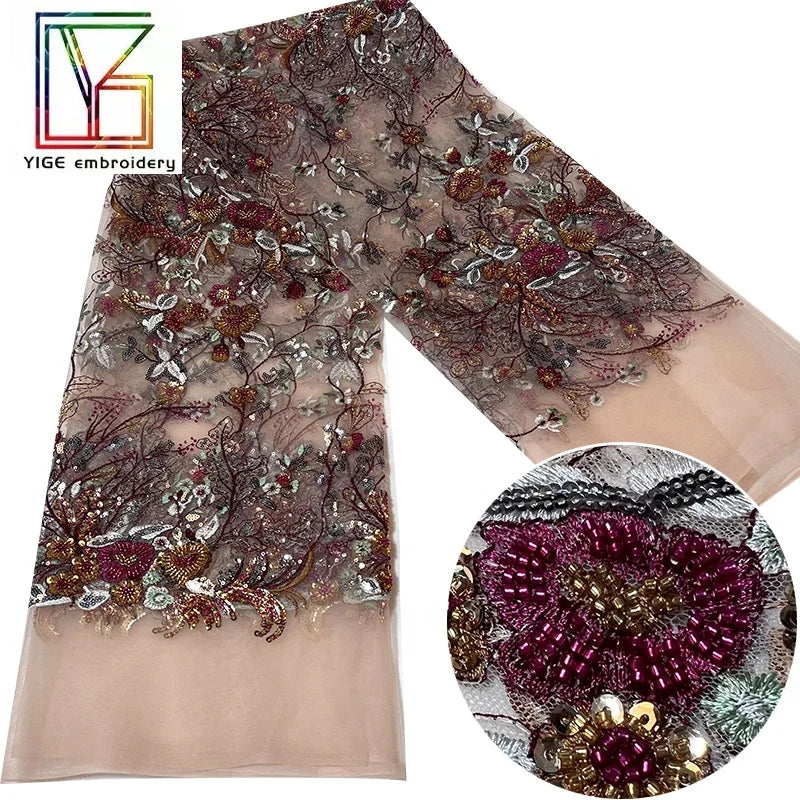 New Luxury African Bridal Lace 3d Beaded Lace With Sequins Mix Color Embroidery Floral Tulle Lace for Evening Dress