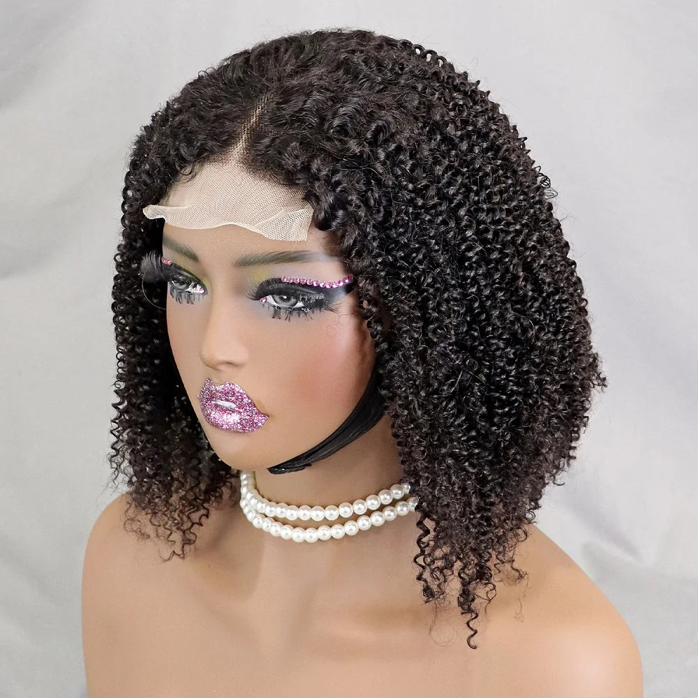 Kinky Curly Natural Human Hair Lace Closure Wig Glueless 4*4 Brazilian Curly Short Hair Pre Pluck Closure Wig For Black Women